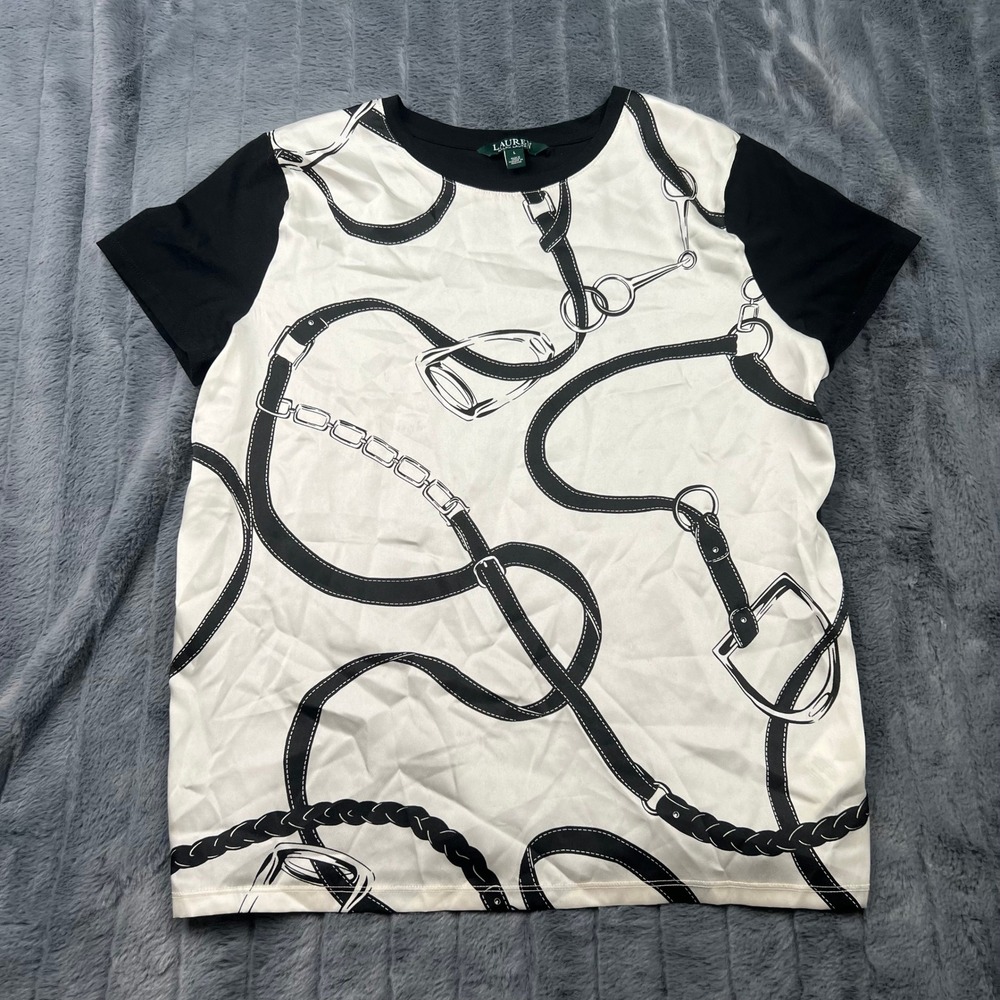 Lauren Ralph Lauren Equestrian Stirrup Print Mixed Media Top Black White Large
